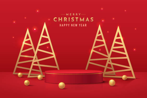 красный реалистичный 3d цилиндровый подиум пьедестала с золотым треугольником рождественской елки и шарами-сферами. минимальная веселая р� - christmas 3d stock illustrations