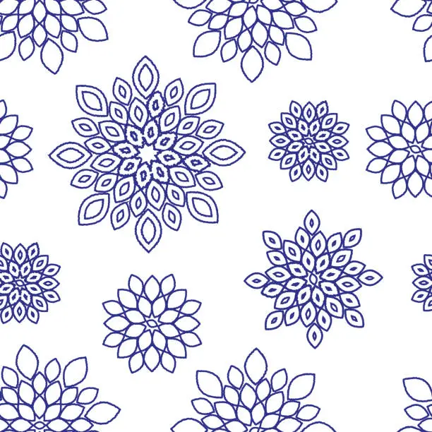 Vector illustration of Blue Outline Tile Floral Repeat Pattern Background