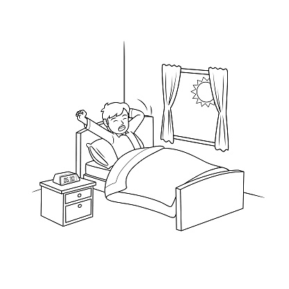 Black and white vector illustration of children's activity coloring book page with pictures of waking children.