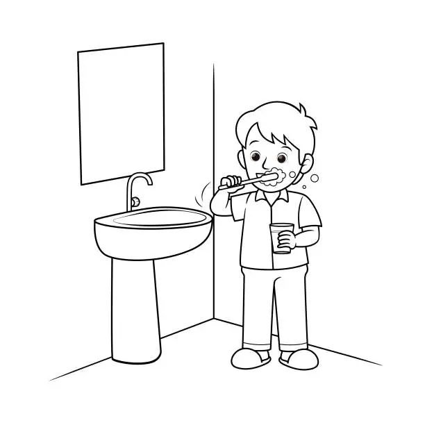 Vector illustration of Black and white vector illustration of a children's activity coloring book page with a picture of a child brushing teeth.