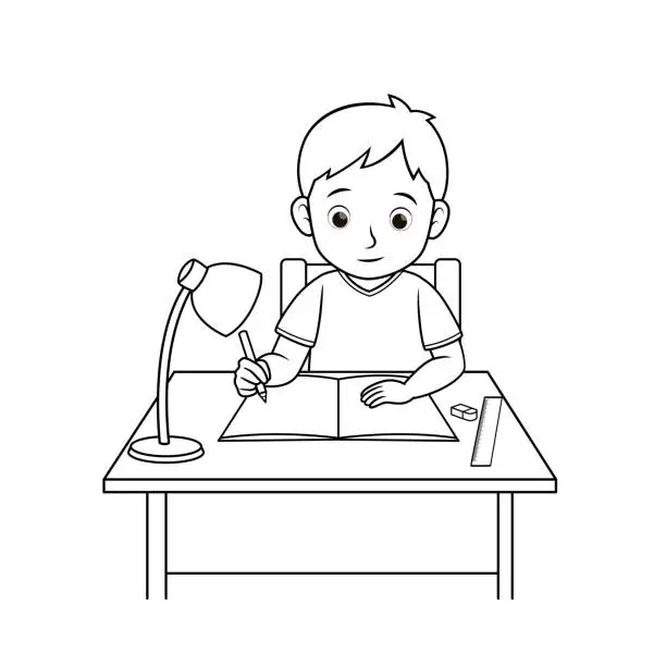Vector illustration of Black and white vector illustration of a children's activity coloring book page with a picture of a boy reading a book.