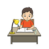 istock Vector illustration of a children's activity coloring book page with a picture of a boy reading a book. 1354365082