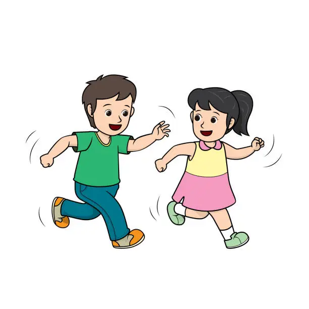 Vector illustration of Vector illustration of children's activity coloring book page with pictures of boys and girls running and playing.