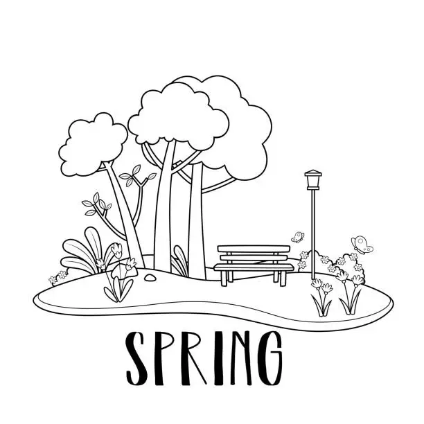 Vector illustration of Black and white vector illustration of a children's activity coloring book page with pictures of spring.