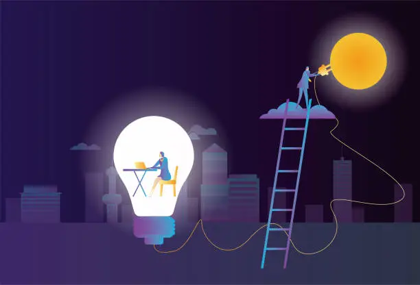 Vector illustration of Business men use the moon to charge female white-collar workers working in the light bulb.