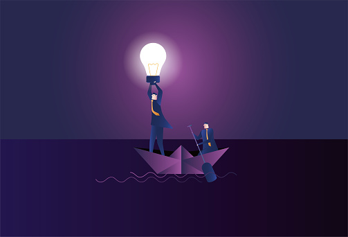 A business man stands on a paper boat holding a light bulb to help another business man rowing a boat to illuminate the direction of travel,