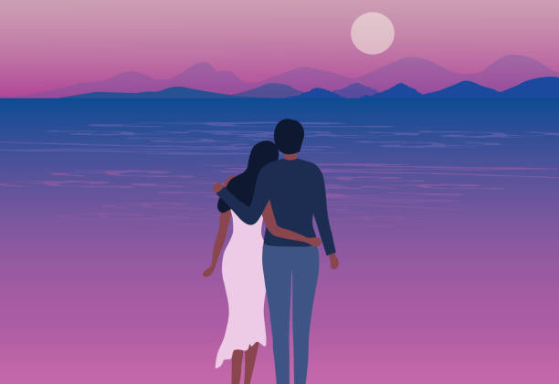 istock Loving couple embracing and looking  moon on the beach in sunset sky background vector illustration. Love, valentine, honeymoon and wedding concept 1354367782