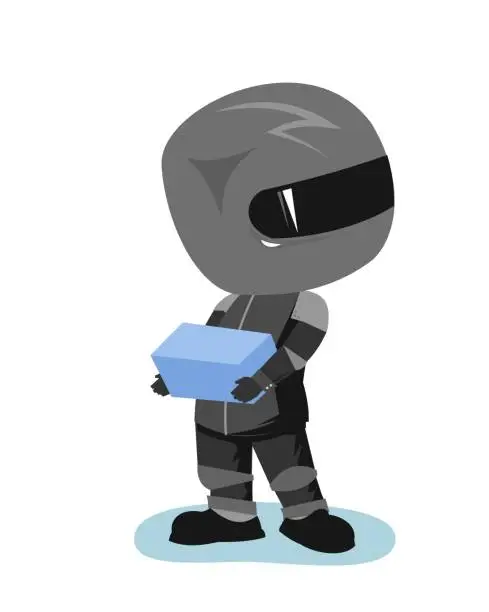 Vector illustration of Motorcyclist in a black jacket and helmet. Biker uniform. Looks around, looking for someone to give the package to. Cartoon style. Funny character. Isolated background. Vector