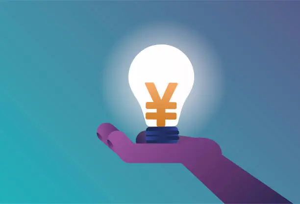 Vector illustration of Hold the renminbi bulb with your hand.