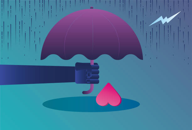istock Holding an umbrella in hand to shield the heart from rain and lightning 1354369438