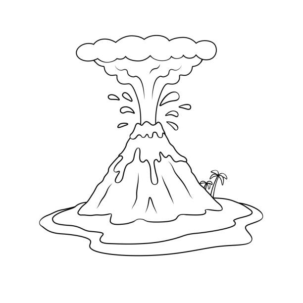 ilustraciones, imágenes clip art, dibujos animados e iconos de stock de ilustración vectorial en blanco y negro de una página de libro para colorear de actividades infantiles con imágenes del volcán nature. - volcano