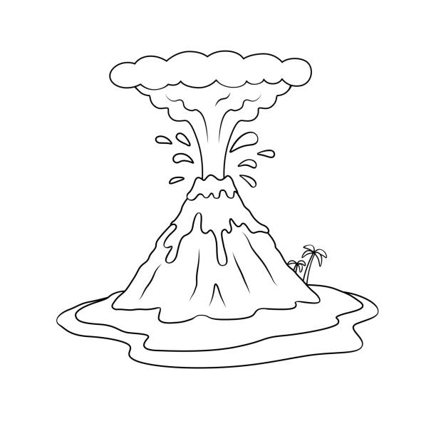 черно-белая векторная иллюстрация детской раскраски с картинками вулкана природа. - volcano erupting lava fire stock illustrations