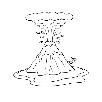 Black and white vector illustration of a children's activity coloring book page with pictures of Nature volcano.