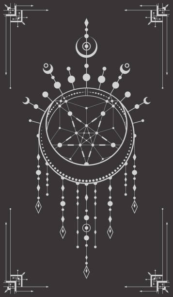 Vector mystic poster with dreamcatcher, pentagram and linear frame. Black background with a magical esoteric outline symbol in a boho style. Occult geometric sign with a star in a circle Vector mystic poster with dreamcatcher, pentagram and linear frame. Black background with a magical esoteric outline symbol in a boho style. Occult geometric sign with a star in a circle pentagram stock illustrations