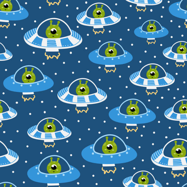 Cute childish alien spaceships dotted seamless pattern on dark background, ideal for bedding design Cute childish alien spaceships dotted seamless pattern on dark background, ideal for bedding design or wrapping paper, galaxy themed ornament in cartoon style astronaut designs stock illustrations