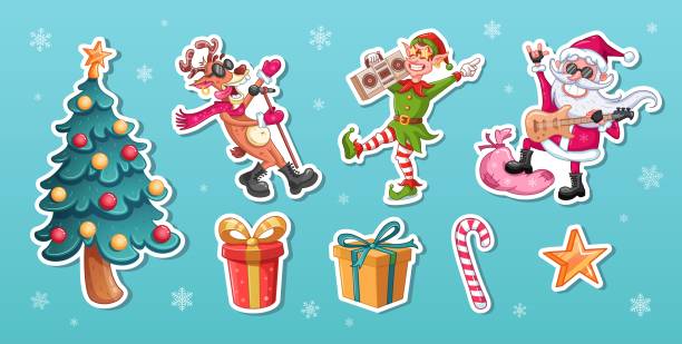 ilustrações de stock, clip art, desenhos animados e ícones de christmas stickers, christmas cartoon characters and decorations, vector iilustrations - scarf hat green glove