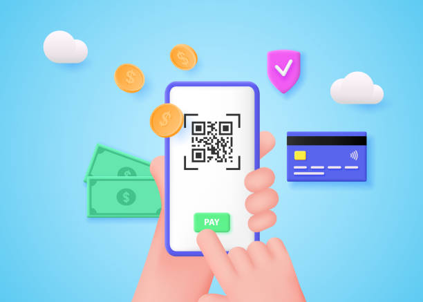 Hands hold a smartphone to scan the QR code and pay online. Money transfers and secure online shopping. Hands hold a smartphone to scan the QR code and pay online. Money transfers and secure online shopping. Vector 3d illustration. 3d barcode stock illustrations