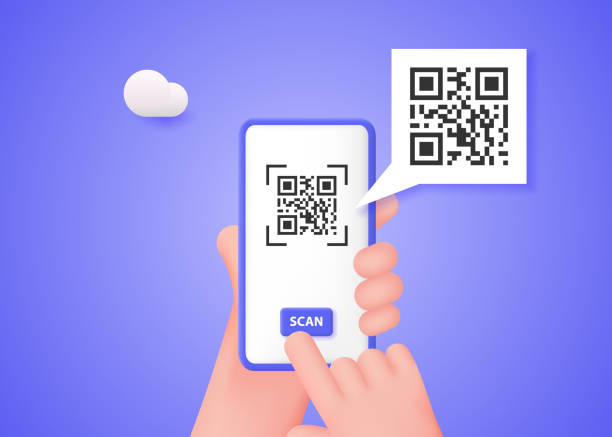 Hands hold a smartphone to scan the QR code. Online payment, money transfers, downloading a mobile application. Hands hold a smartphone to scan the QR code. Online payment, money transfers, downloading a mobile application. Vector 3d illustration. 3d barcode stock illustrations