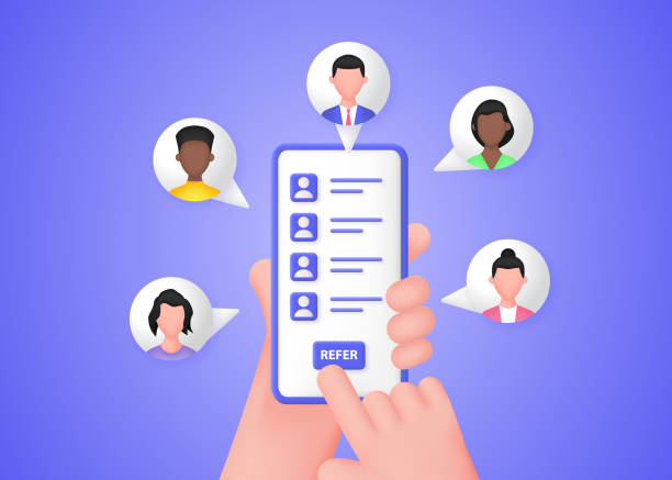 пригласить друга концепцию. руки держат смартфон с контактами друзей. заработок по партнерской или реферальной программе. - marketing internet friendship social media stock illustrations