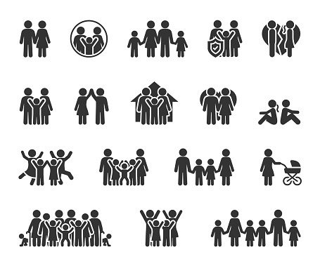 Vector set of family flat icons. Contains icons couple in love, large family, divorce, quarrel, happy family, big family and more. Pixel perfect.