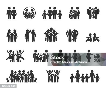 istock Vector set of family flat icons. Contains icons couple in love, large family, divorce, quarrel, happy family, big family and more. Pixel perfect. 1354381536