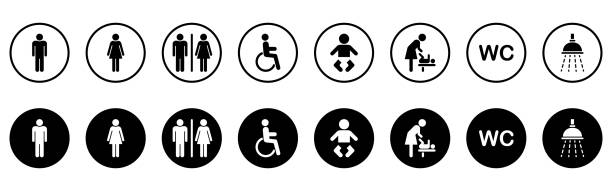набор иконки силуэта туалета. иконка комнаты матери и ребенка. знак туалета на двери для общественного туалета. знак туалета для мужчин, жен - silhouette interface icons wheelchair icon set stock illustrations
