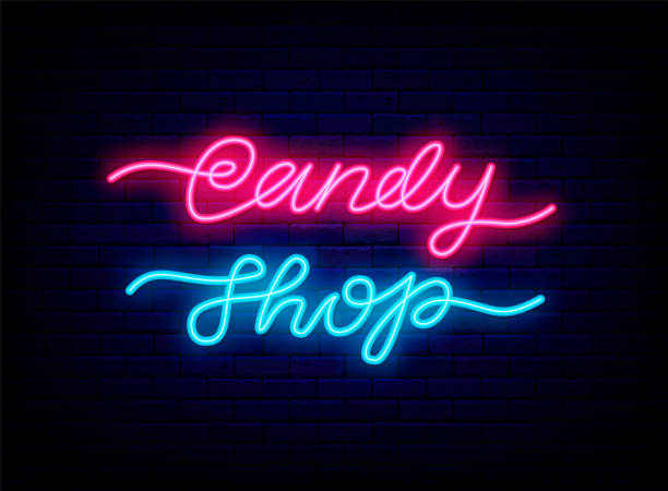 istock Candy shop neon lettering on brick wall. Emblem for sweet store. Isolated vector stock illustration 1354385734