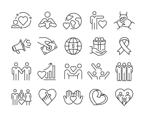 ilustraciones, imágenes clip art, dibujos animados e iconos de stock de iconos de caridad - vector line - dar ilustraciones