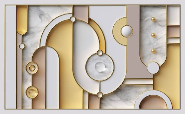 istock 3d render, abstract geometric background with pastel curvy shapes, white marble texture and golden lines. Art deco wallpaper 1354392131