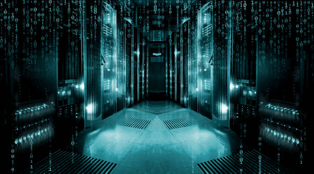 istock 3d render Camera slowly moving in data center showing server equipment with flickering light indicators, close up view 1354397672