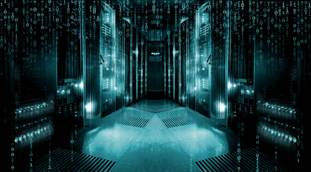 3d render Camera slowly moving in data center showing server equipment with flickering light indicators, close up view stock photo