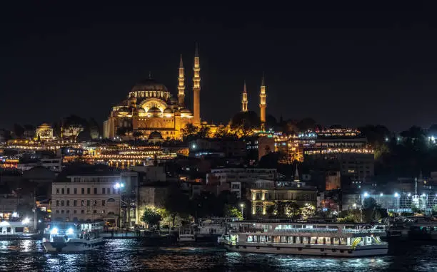 Side view of Suleymaniye Mosque in the night time