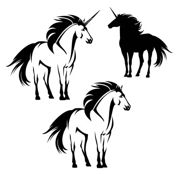 Vector illustration of fairy tale unicorn horse black and white vector outline and silhouette