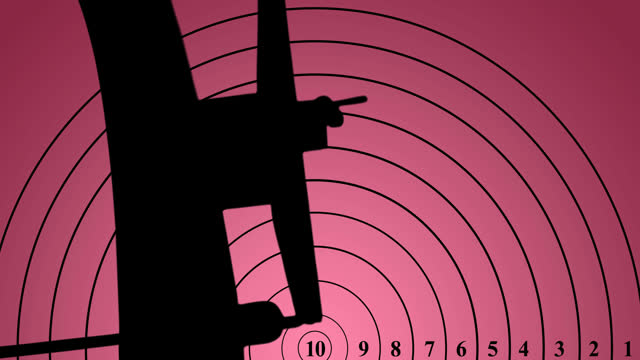 Animation of target and silhouette of archer's bow on pink background