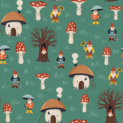 Seamless pattern with different garden gnomes, mushroom house. Cute childrens background