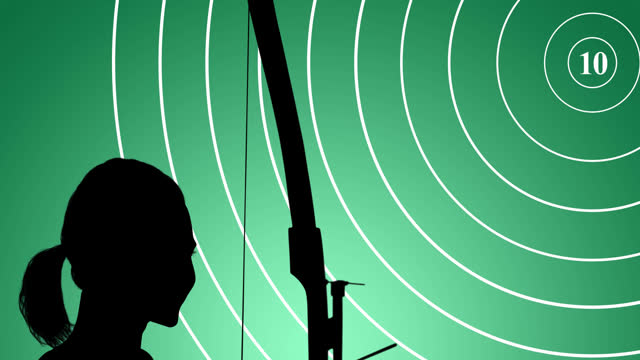 Animation of target and silhouette of female archer with bow on green background