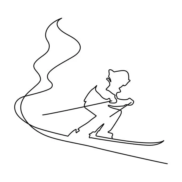 Vector illustration of Alpine skier going downhill. Ski slope. Continuous line drawing. Vector illustration.