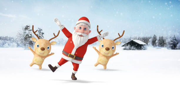 istock Santa Clause And His Reindeers Dancing On A Snowy Winter Day. 1354404391