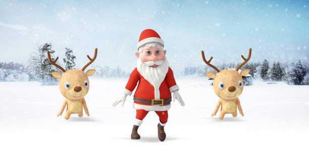 istock Santa Clause And His Reindeers Dancing On A Snowy Winter Day. 1354404667