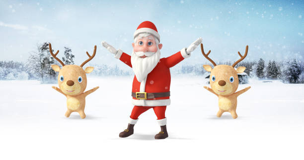 istock Santa Clause And His Reindeers Dancing On A Snowy Winter Day. 1354404687