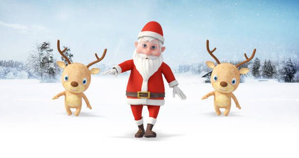 istock Santa Clause And His Funny Reindeers Dancing At The North Pole. 1354404825