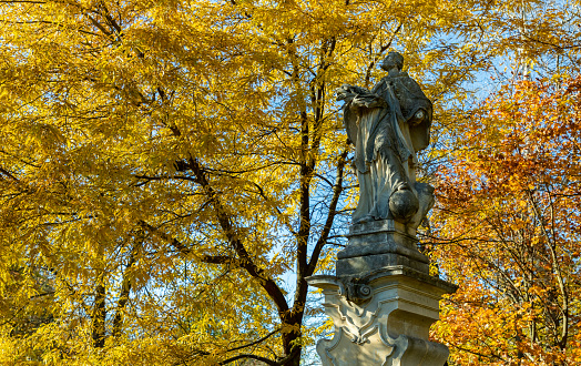 A picture of the Stanisaw Staszic Municipal Park Statue against the fall foliage (Kielce).