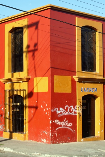 Colorful building corner at Oaxaca, Mexico.