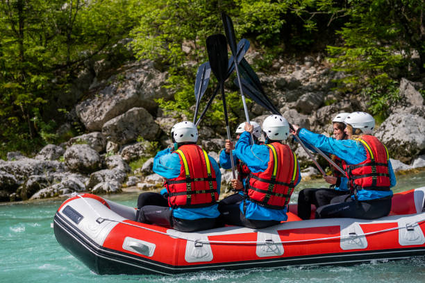 istock Adventure team in raft raising paddles and touching each other 1354408331