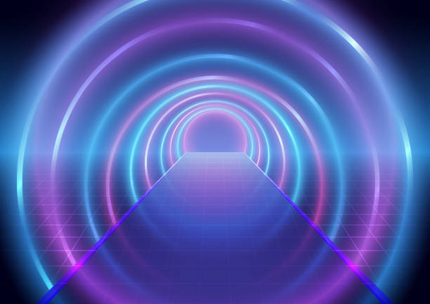 istock Futuristic blue and pink neon laser rings with blur shadow. Ultraviolet fluorescent light tunnel Background 1354410060