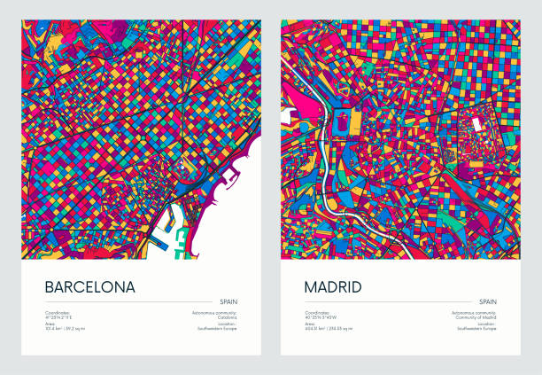 illustrations, cliparts, dessins animés et icônes de carte routière détaillée en couleur, plan urbain de la ville de barcelone et de madrid avec des quartiers et des quartiers colorés, affiche vectorielle de voyage - barcelone