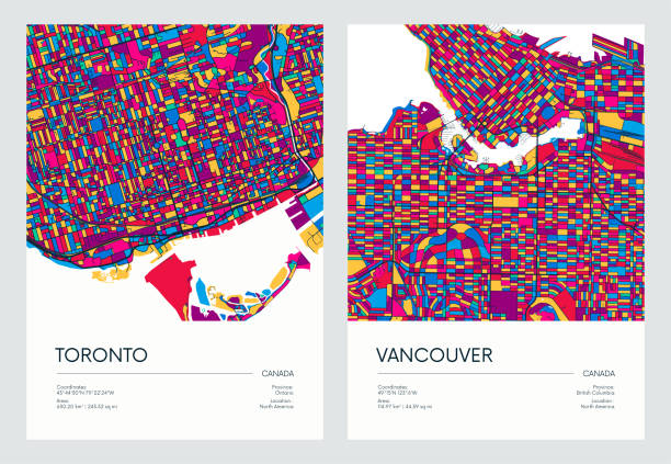 컬러 상세한 로드맵, 도시 거리 계획 도시 토론토와 밴쿠버 다채로운 지역과 지구, 여행 벡터 포스터 - toronto street canada city stock illustrations
