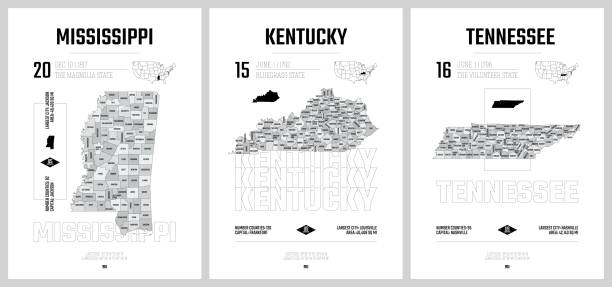 bardzo szczegółowe sylwetki wektorowe map stanów usa, podział stanów zjednoczonych na hrabstwa, podział polityczny i geograficzny stanów, east south central - mississippi, kentucky, tennessee - zestaw 11 z 17 - memphis tennessee obrazy stock illustrations