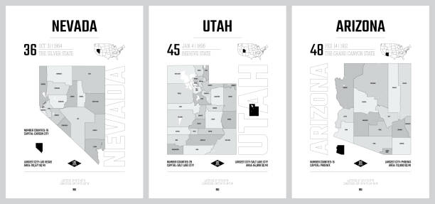 ilustraciones, imágenes clip art, dibujos animados e iconos de stock de siluetas vectoriales altamente detalladas de mapas estatales de ee. uu., división de estados unidos en condados, subdivisiones políticas y geográficas de un estado, montaña - nevada, utah, arizona - conjunto 14 de 17 - arizona map outline silhouette