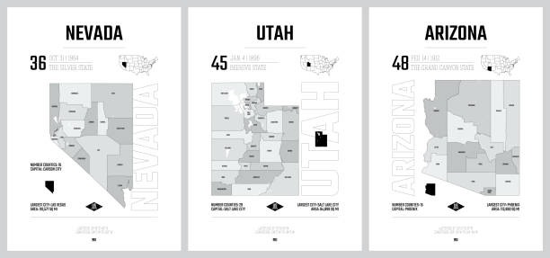 ilustrações de stock, clip art, desenhos animados e ícones de highly detailed vector silhouettes of us state maps, division united states into counties, political and geographic subdivisions of a states, mountain - nevada, utah, arizona - set 14 of 17 - arizona map outline silhouette